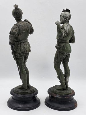 Rare Pair Of Antique Detailed Spelter Statues of Spanish Conquistadors. 15".