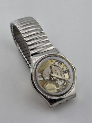 Vintage 1980's Swatch Skeleton Quartz Swiss Watch Expandable Band Runs. New Bat.