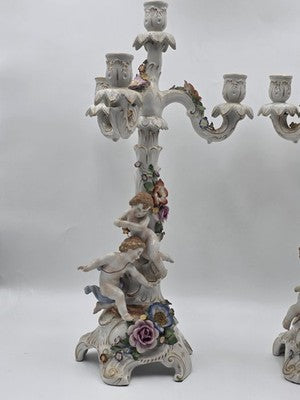 Rare 19th C Antique Pair Schierholz Dresden Porcelain Cherub Floral Candelabras