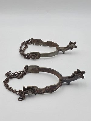 Antique Western Cowboy Spurs Pair Hand Engraved Red Inlay Steel w/ Chains