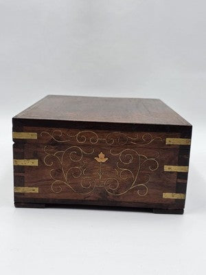 RARE ANTIQUE 19th C COLONIAL ROSEWOOD & FULL BRASS INLAY JEWELRY BOX.