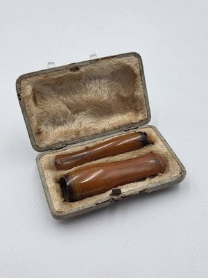 19th C Antique Victorian Natural Amber Cigar Cigarette Holders Cased Smoking Set
