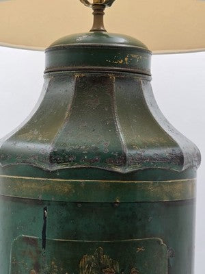 ULTRA RARE 19TH C. HAND PAINTED ENGLISH CHINOISERIE GREEN TOLE TEA CANISTER LAMP