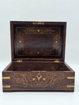 RARE ANTIQUE 19th C COLONIAL ROSEWOOD & FULL BRASS INLAY JEWELRY BOX.