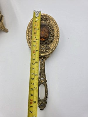 Antique Ornate Gilt Ormolu Vanity Set Amber Glass Jewelry Casket Mirror Brush