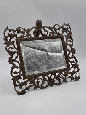 Antique Victorian Cast Iron Vanity Mirror Ornate Scrollwork Easel Frame C 1890.