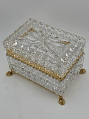 French Baccarat Style Jewelry Casket Footed Box Heavy Crystal Glass Hinged Lid