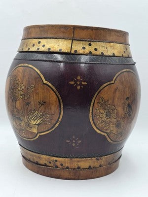 Antique Asian Hand Painted Rice Barrel Wooden Lidded Storage Bucket Bird Pagoda