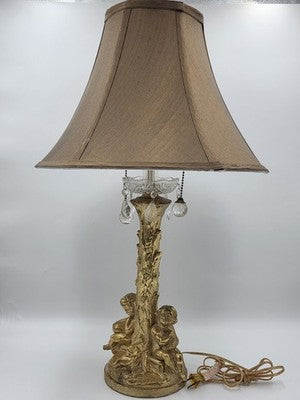 Antique Large Solid Brass Cherub Putti Table Lamp Hollywood Regency Gold. Works
