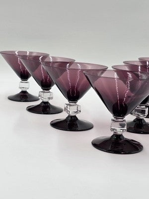 ANTIQUE SET OF 7 MID CENTURY BRYCE WILMINGTON AMETHYST 5 1/2" CHAMPAGNE GLASSES.