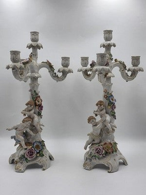 Rare 19th C Antique Pair Schierholz Dresden Porcelain Cherub Floral Candelabras