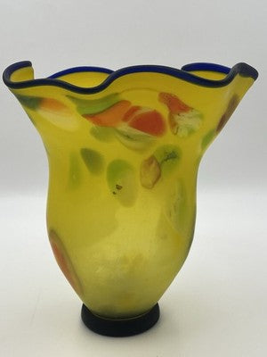 Azerbaijan Glassware Hand Blown Frosted Art Glass Vase Multicolor Wavy Rim Decor