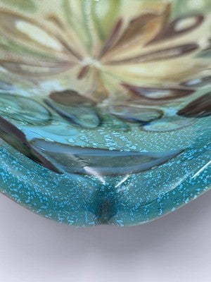 Unique Vintage Studio Art Glass Freeform Bowl Turquoise Black Millefiori Style