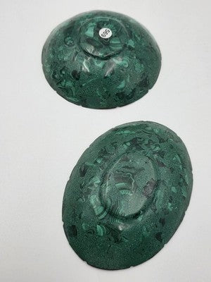 Beautiful Pair Of Antique MCM Malachite & Brass Round And Oval Trinkett Dishes.