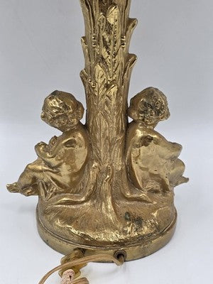 Antique Large Solid Brass Cherub Putti Table Lamp Hollywood Regency Gold. Works