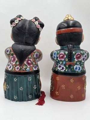 XL 15 inch Vintage Chinese Boy & Girl Prosperity Figurines Pair Good Luck Wealth