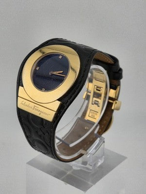 Salvatore Ferragamo Swiss Made Gold Plated Leather Watch Diamond Markers. Works.