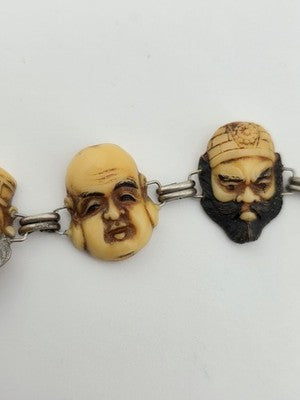Antique Japanese Figural Face Bracelet Carved Bon Seven Gods Meiji Era. Signed.