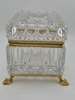 French Baccarat Style Jewelry Casket Footed Box Heavy Crystal Glass Hinged Lid