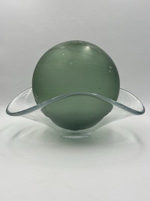 Rare Large Hand Blown Art Glass Orb Sphere w/ Freeform Murano Style Bowl Stand