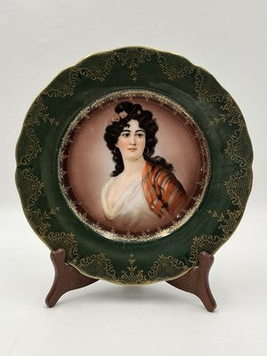 Rare Pair Of Antique 19th C Prussian Portrait Plate Green & gold Hand Painted
