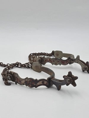 Antique Western Cowboy Spurs Pair Hand Engraved Red Inlay Steel w/ Chains
