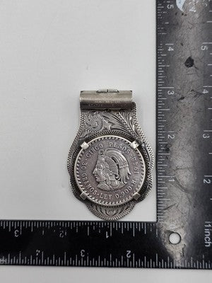 Rare OOAK Sterling Silver Money Clip w 1948 Mexico 5 Pesos Cuauhtemoc Coin 59.4g