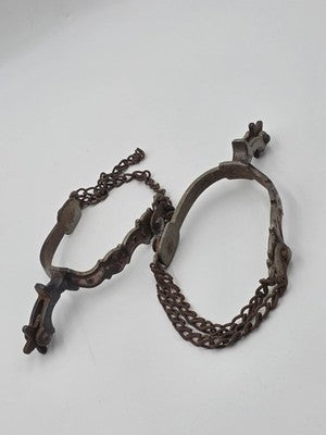 Antique Western Cowboy Spurs Pair Hand Engraved Red Inlay Steel w/ Chains