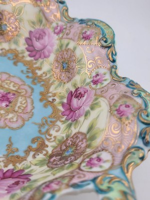 1910's Victorian German Porcelain Handled Bowl Raised Gold &Roses RS Style 11.5"