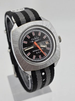 1970 German Ruhla De Luxe GDR Mechanical Day Date 37mm Cushion Case Watch Works
