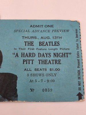 Rare 1964 Beatles A Hard Days Night Movie Premiere Ticket Pitt Theatre Stub