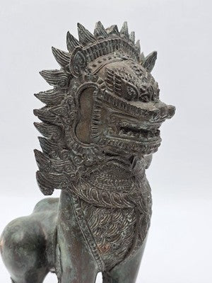 Rare Antique Thai Burmese Bronze Singha Temple Guardian Lion Statue 11" Tall.