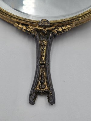 Antique Ornate Gilt Ormolu Vanity Set Amber Glass Jewelry Casket Mirror Brush