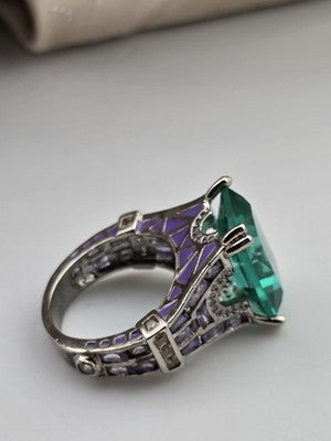 Vtg Paris Eiffel Tower Style Green Stone Purple Enamel Statement Cocktail Ring