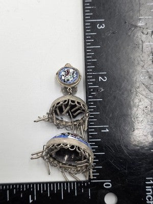Rare Antique Hand Painted Filigree Silver Lantern Chandelier Dangling Earrings.