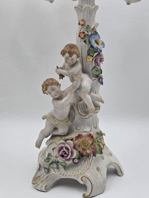 Rare 19th C Antique Pair Schierholz Dresden Porcelain Cherub Floral Candelabras