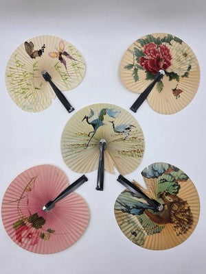 Lot Of 5 Vintage 1970s folding hand fan, Chinese fan with cherry blossom & Birds