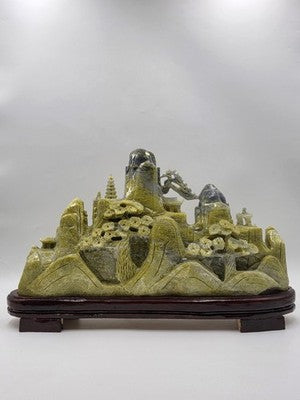 Huge 20.5" China Natural Yellow Green Xiu Jade Carved Mountain House Tree Statue