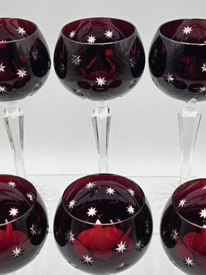 Set Of 6 Vintage Ajka Marsala Ruby Red Cut To Clear Crystal Hock Wine Glass