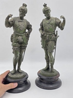 Rare Pair Of Antique Detailed Spelter Statues of Spanish Conquistadors. 15".