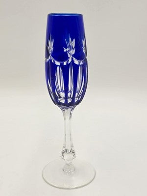 Vintage Ajka Rene Cobalt Blue Cut to Clear Crystal Champagne Flutes Rare Pattern