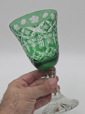 Set Of 4 Vintage Bohemian Czech Emerald Green Cut Crystal Wine Goblets. 7.75".
