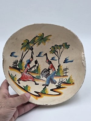 Antique 1930's Haitian Folk Art Coconut Shell Calabash Hand Painted Bowl Signed