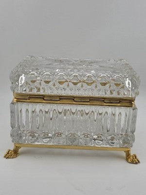 French Baccarat Style Jewelry Casket Footed Box Heavy Crystal Glass Hinged Lid