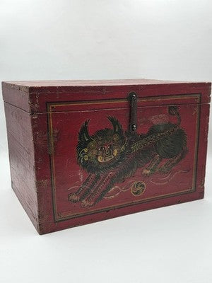 Rare XL Antique 19th C Distressed Tibetan Style Foo Dog Lion Storage Chest Box.
