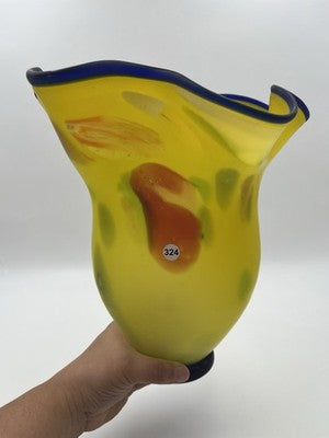 Azerbaijan Glassware Hand Blown Frosted Art Glass Vase Multicolor Wavy Rim Decor