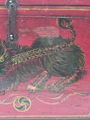 Rare XL Antique 19th C Distressed Tibetan Style Foo Dog Lion Storage Chest Box.