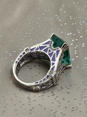 Vtg Paris Eiffel Tower Style Green Stone Purple Enamel Statement Cocktail Ring