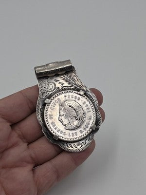 Rare OOAK Sterling Silver Money Clip w 1948 Mexico 5 Pesos Cuauhtemoc Coin 59.4g