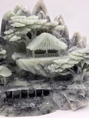 Vtg 11" Old Chinese Dushan Jade Carving Mountain Water Pine Tree Ship Sculpture